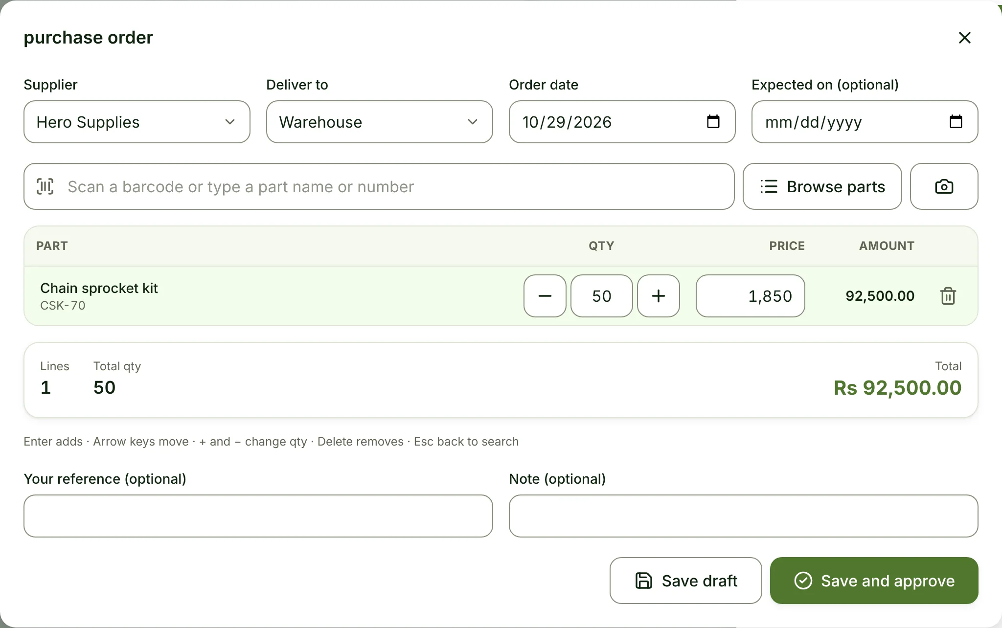 A purchase order for 50 chain sprocket kits from Hero Supplies, prefilled by the assistant