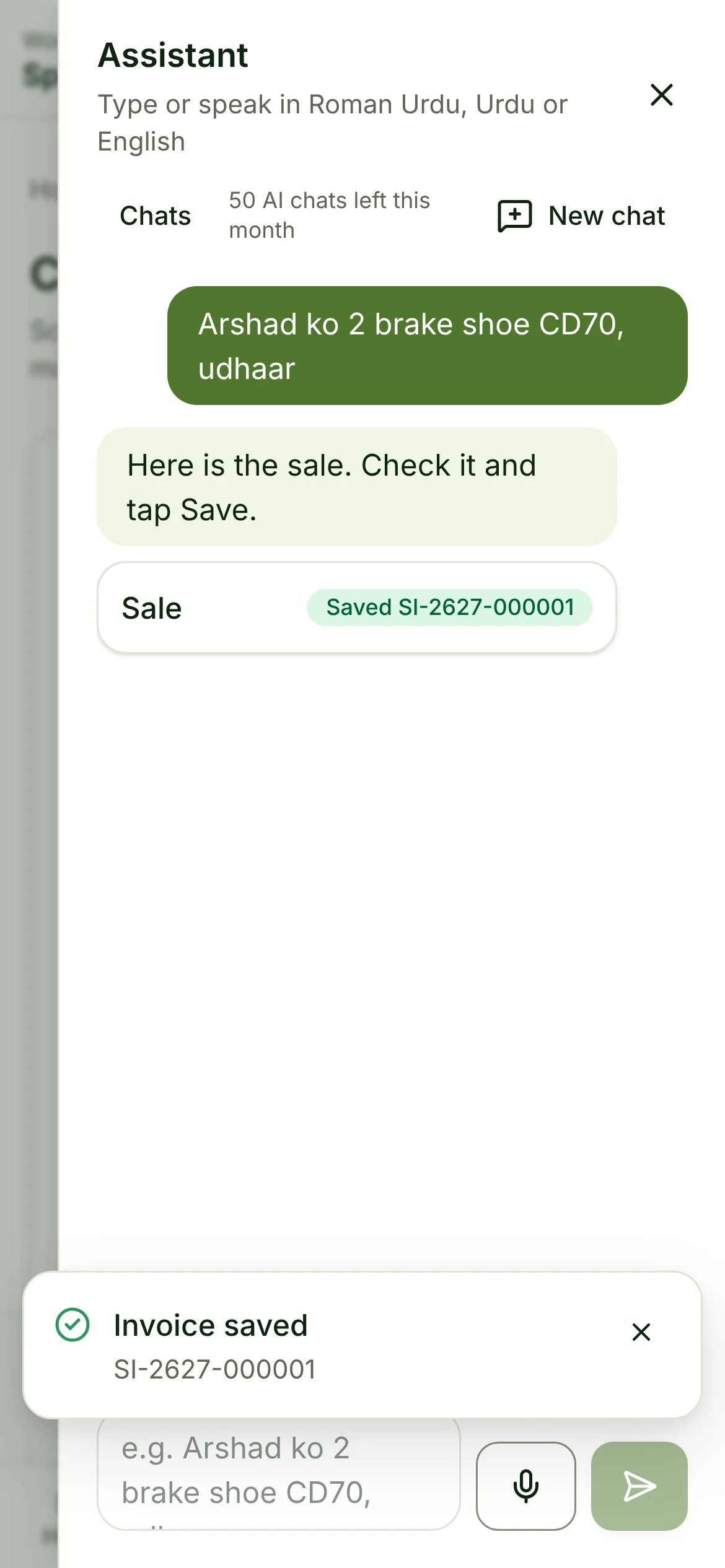 The assistant confirms the invoice was saved