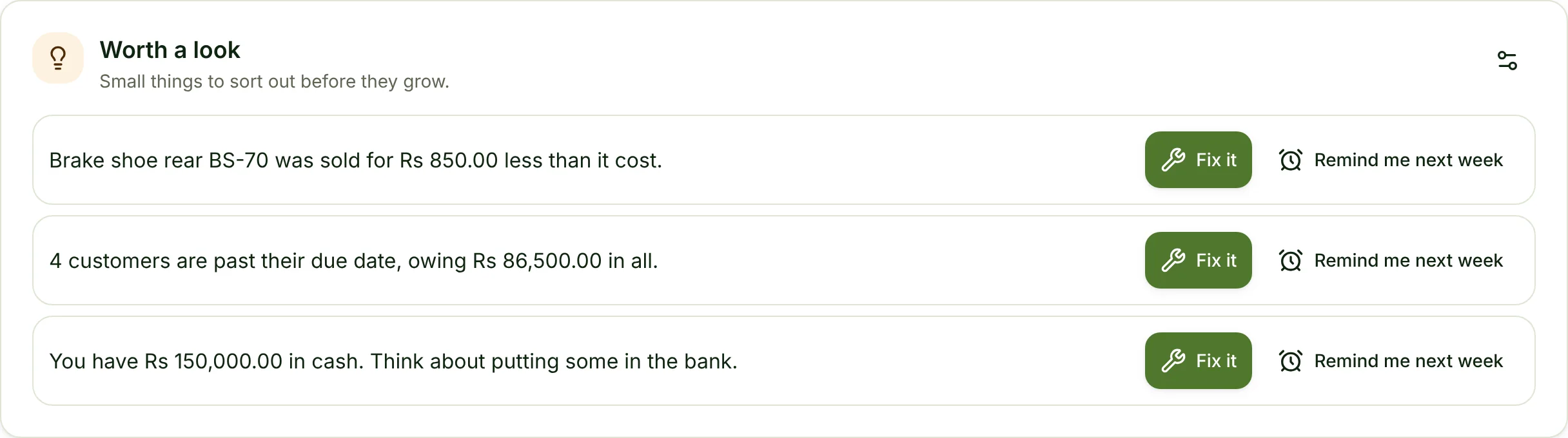 The coach on Home: an item sold below cost, customers past due and cash to bank, each with a fix
