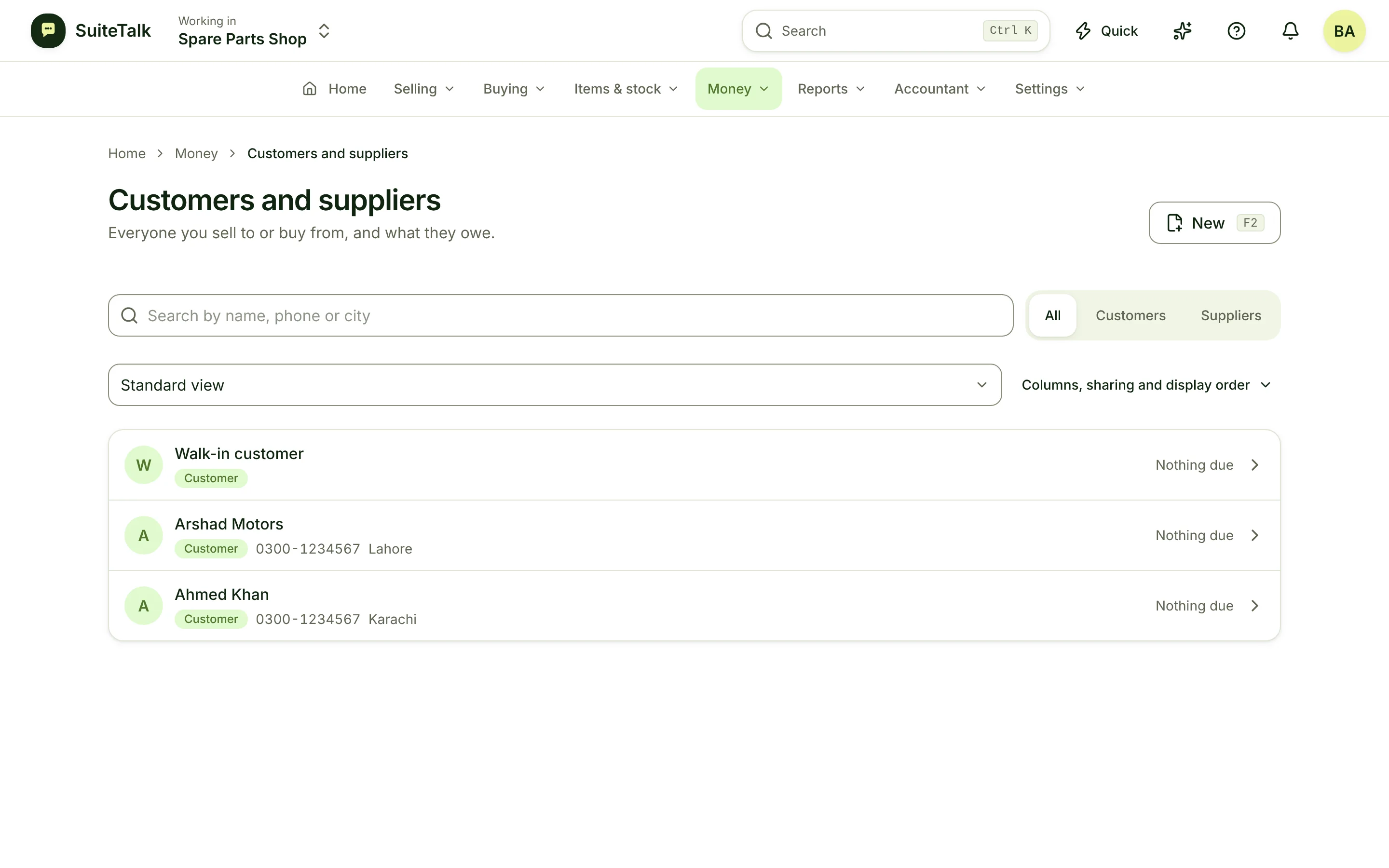 Customers and suppliers with balances