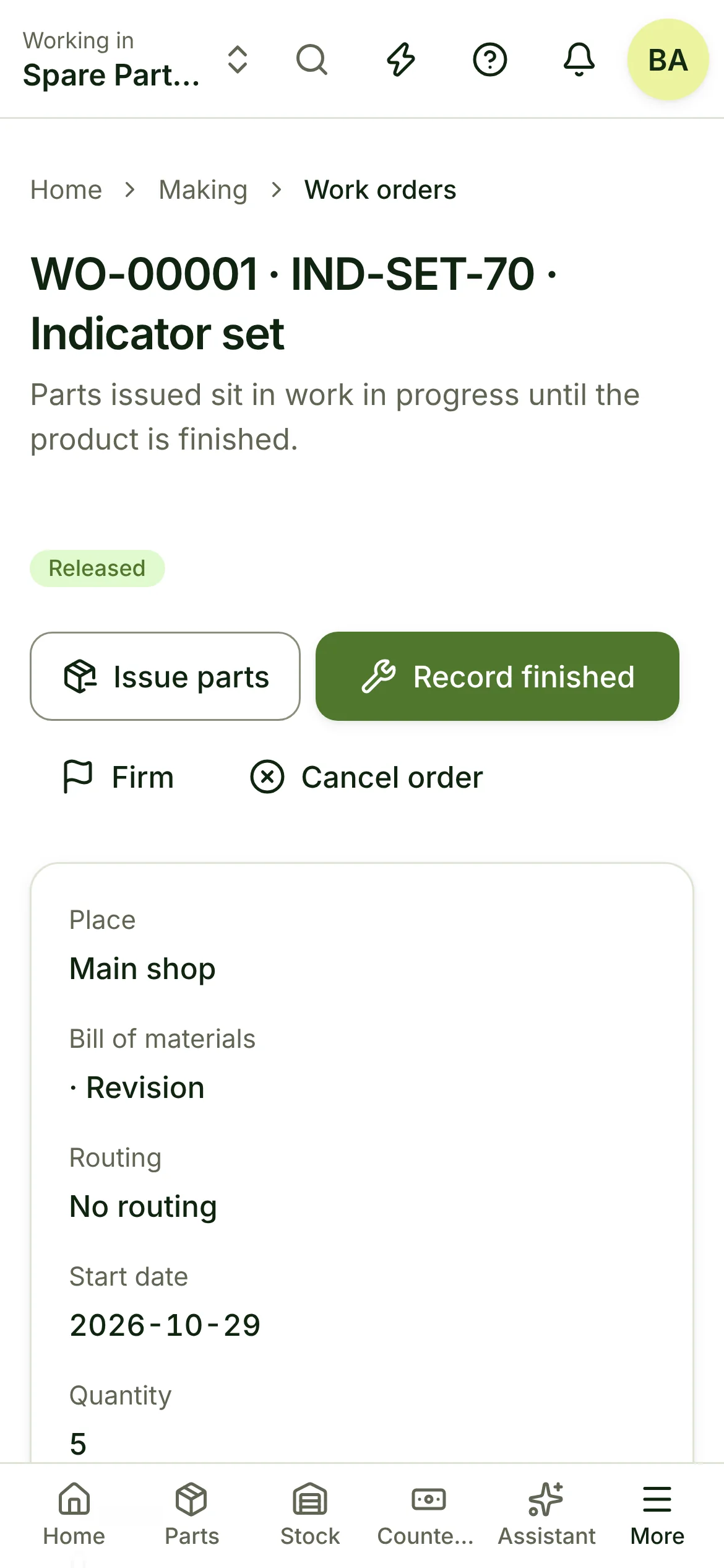 A released work order with its parts