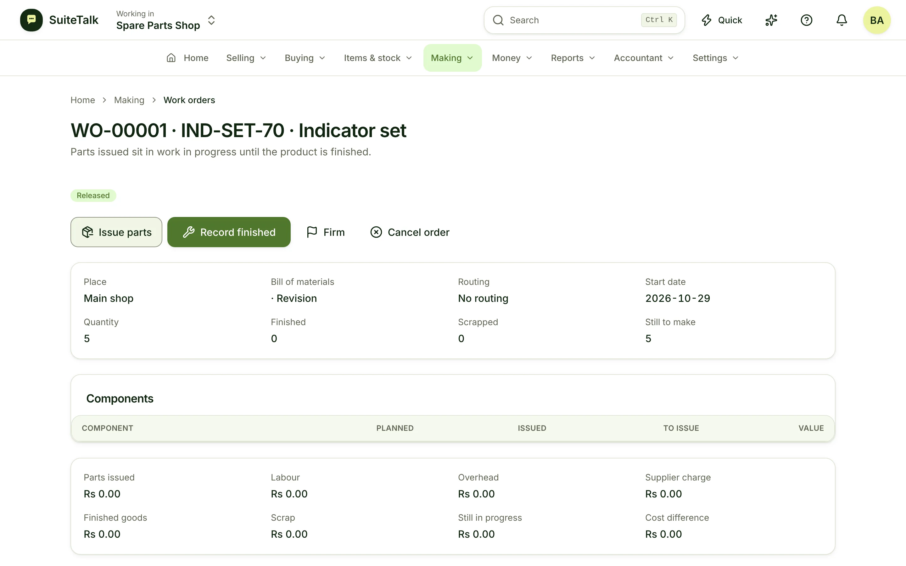 A released work order with its parts