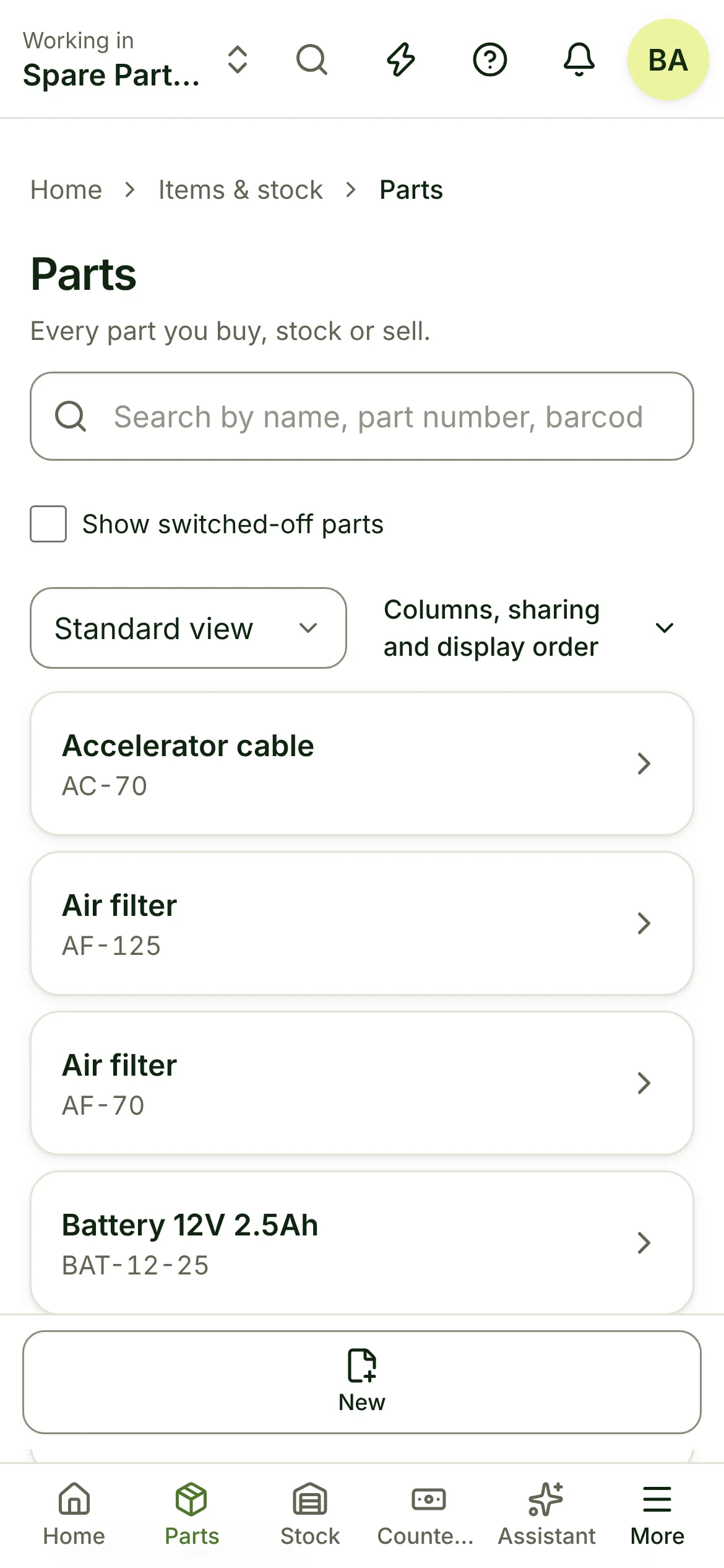 The parts list with brands, part numbers and prices