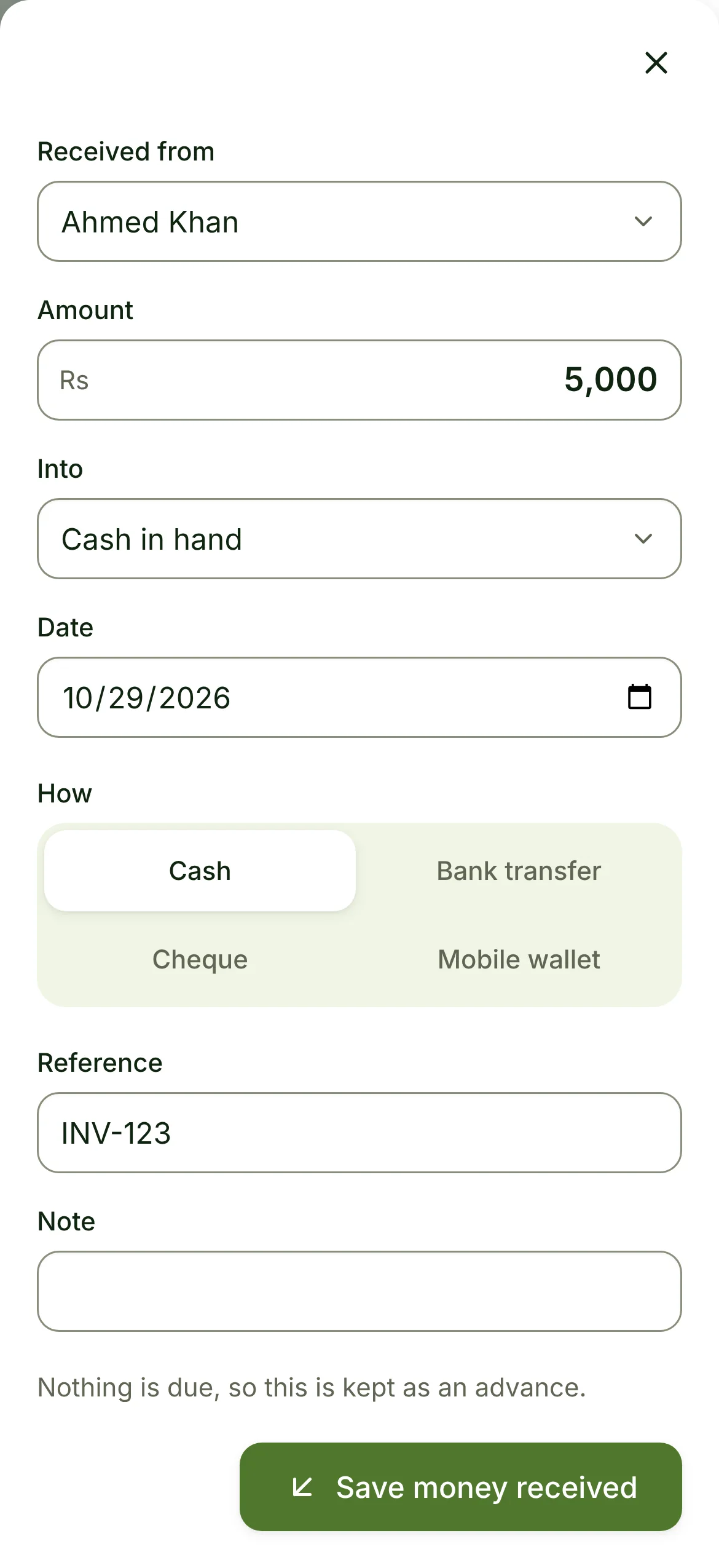 Money received from Ahmed Khan against invoice INV-123, prefilled by the assistant in a phone shop