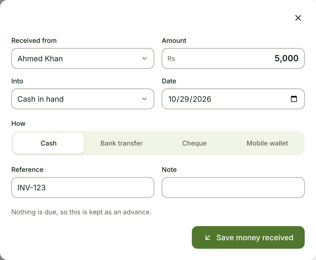 Money received from Ahmed Khan against invoice INV-123, prefilled by the assistant in a phone shop