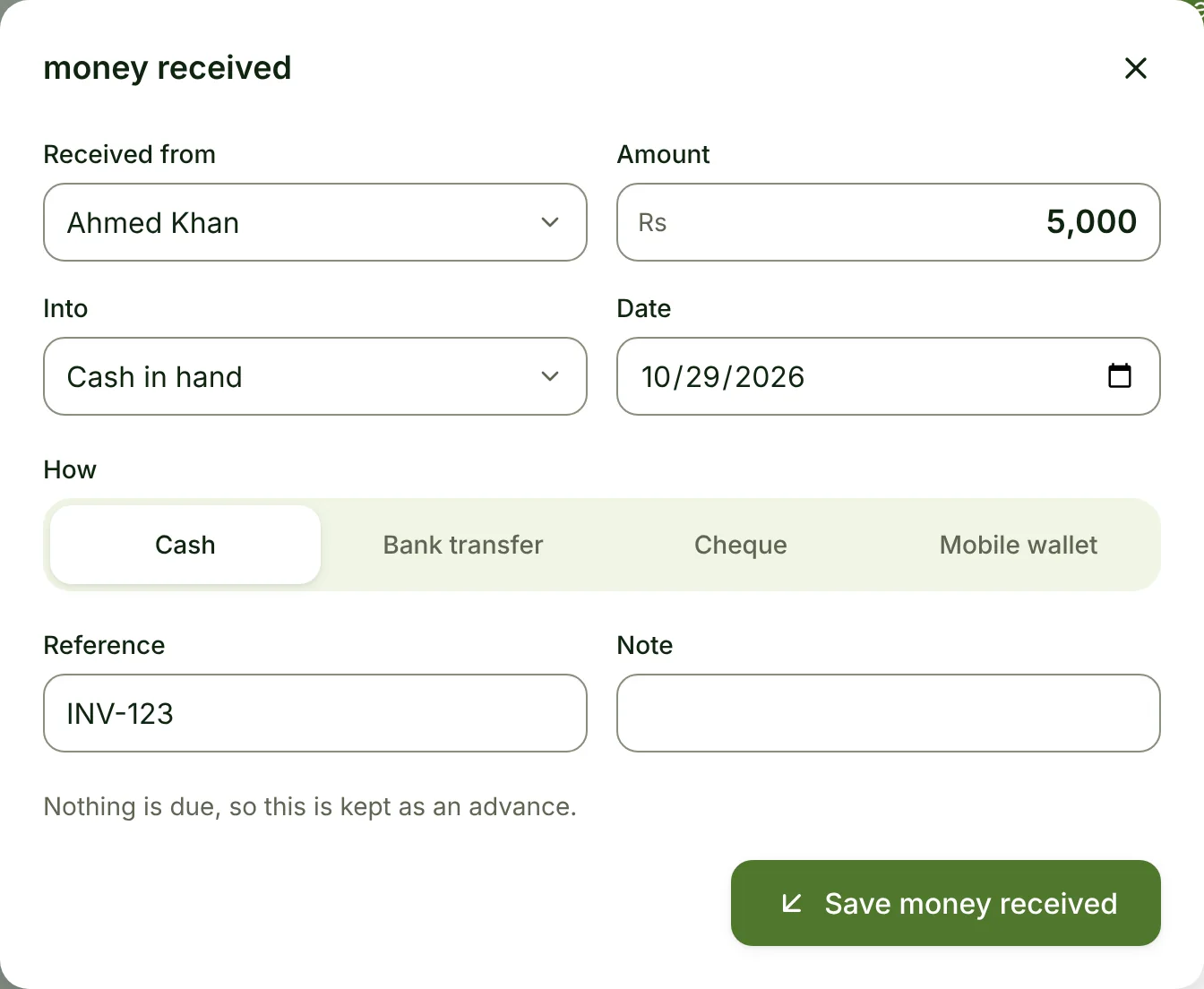 Money received from Ahmed Khan against invoice INV-123, prefilled by the assistant in a phone shop