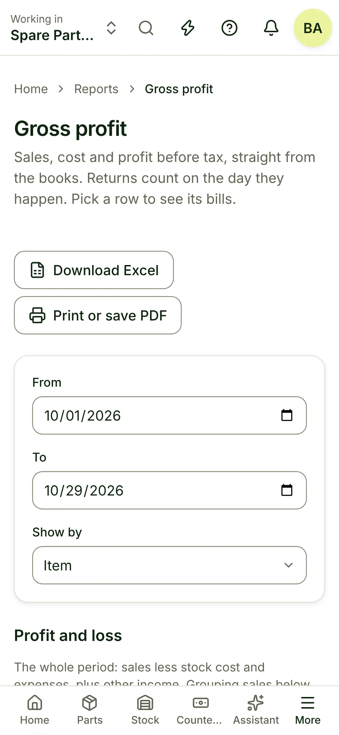 The profit report from the books, by item