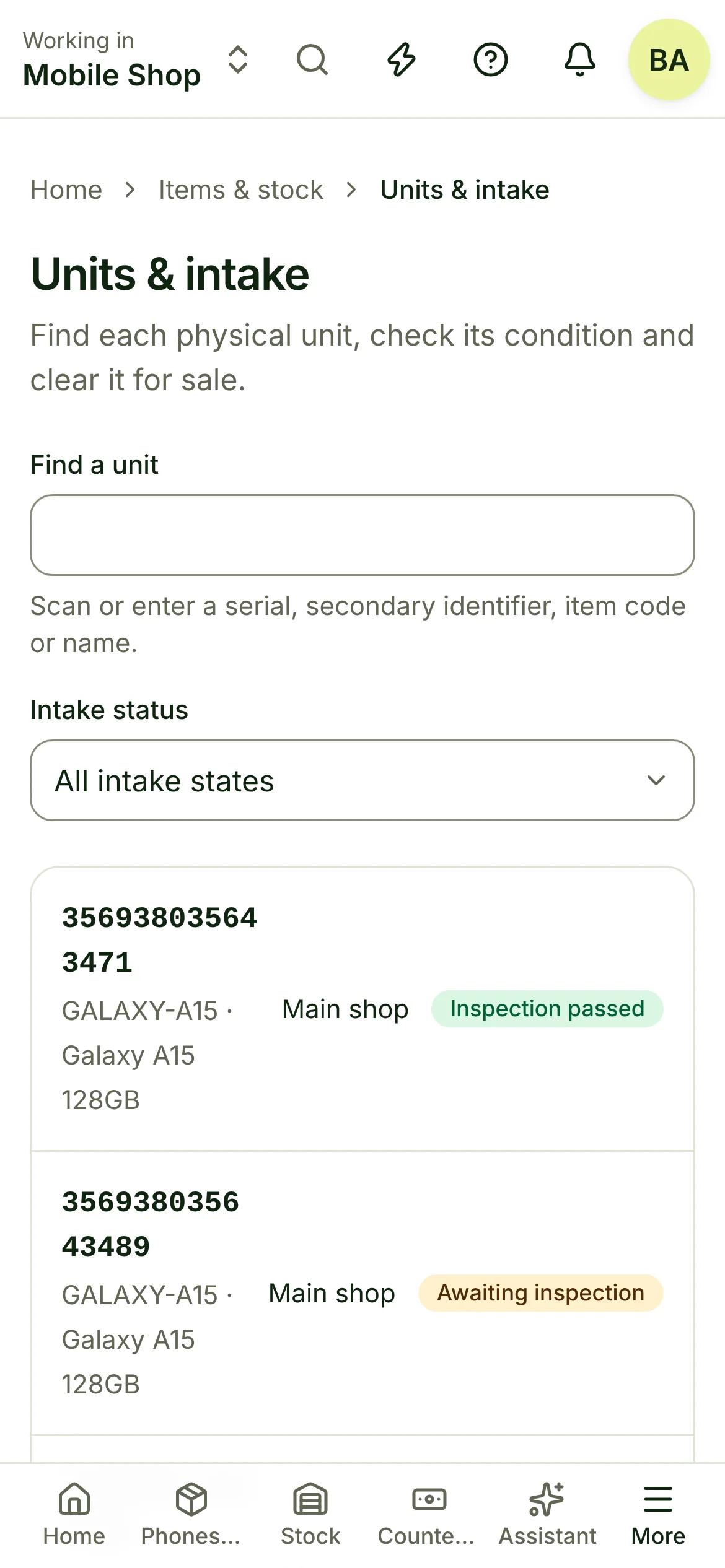 Units tracked by IMEI or serial number